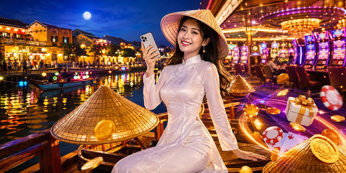 Người chơi trải nghiệm casino mobile với áo dài truyền thống tại Hội An